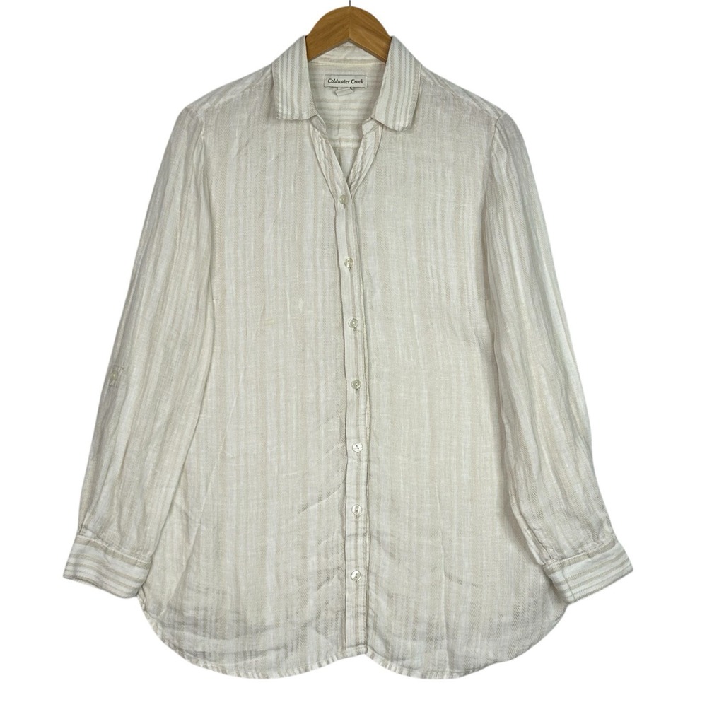 Coldwater Creek Linen Shirt Button Down Lightweight White Striped XL Summer